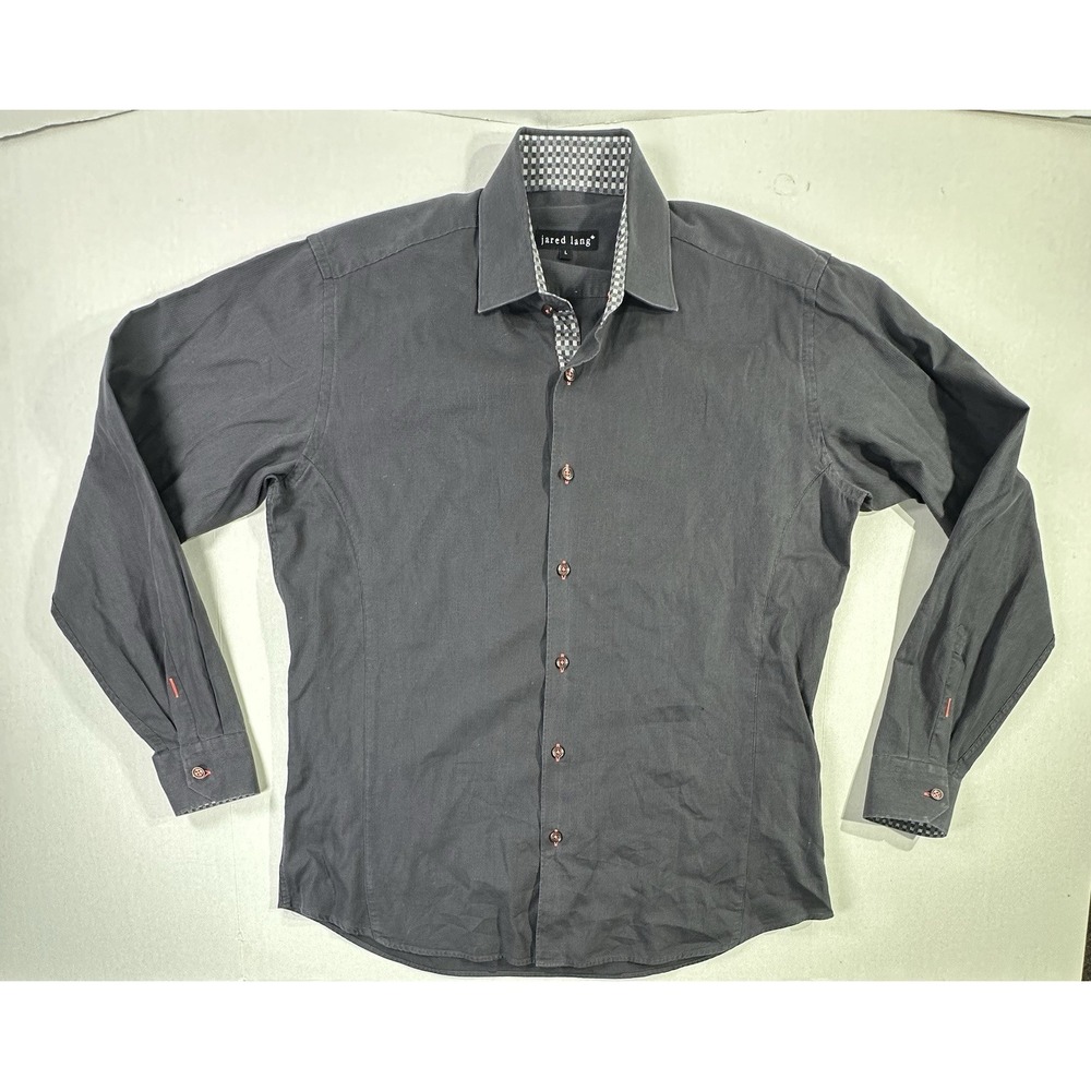 Jared Lang L Black Micro Check Shirt Contrast Cuffs 100% Cotton Long Sleeve